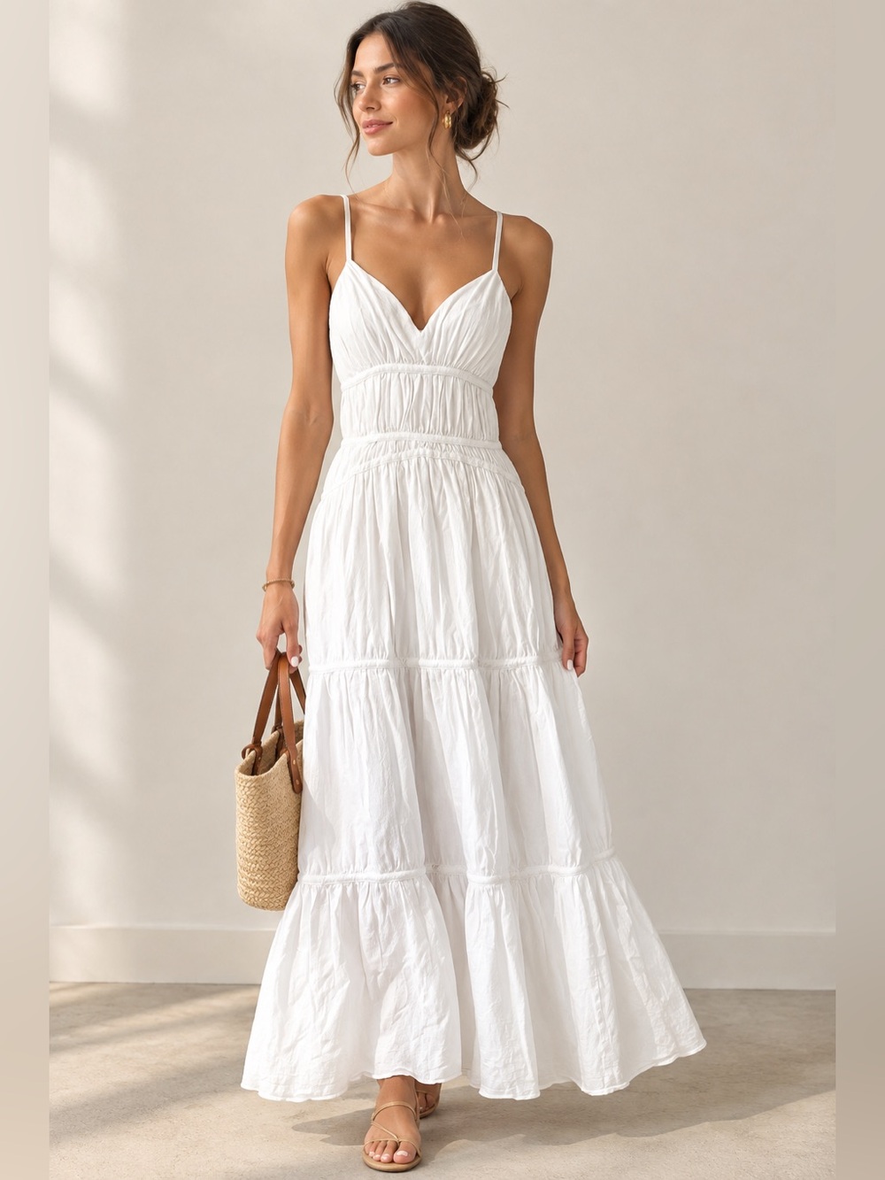 Trina Turk White Tiered Maxi Dress Ruched Cotton Sundress size 4